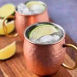 Moscow mule in copper mug close up shot.