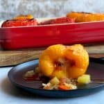 Stuffed bell pepper in a plate head on shot.
