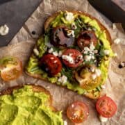 Avocado toast on a tray overhead shot.
