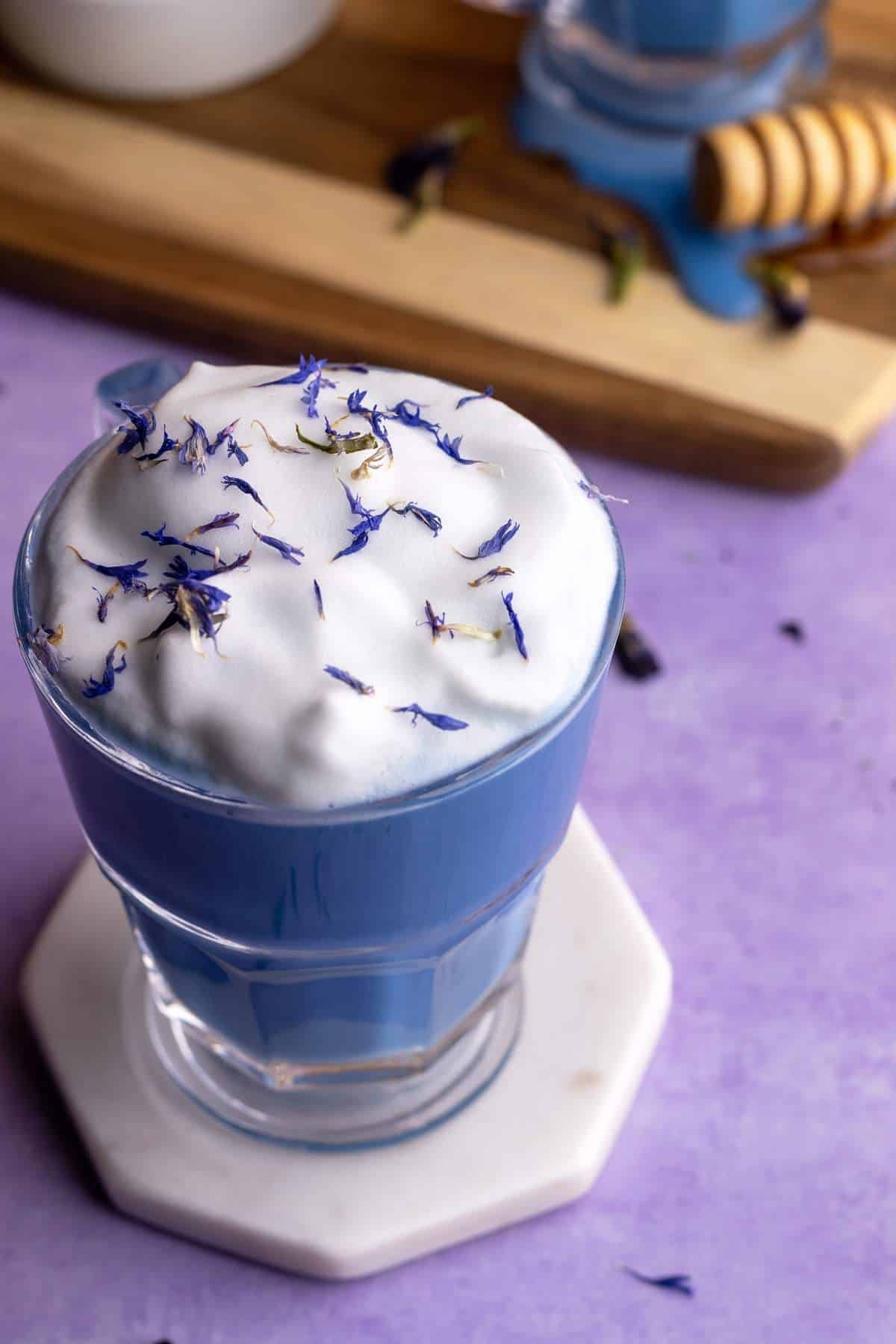 Butterfly pea latte milk foam.