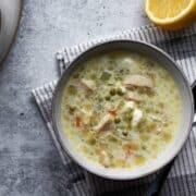 Chicken orzo soup in a bowl overhead shot.