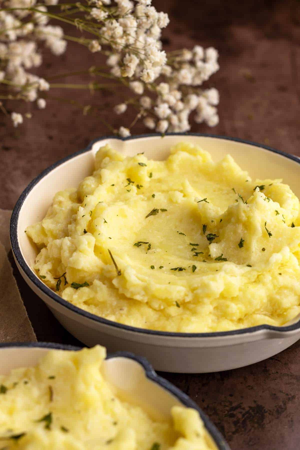 Cottage cheese mashed potatoes in skillet.