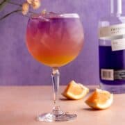 Empress gin cocktail in a glass head-on shot.