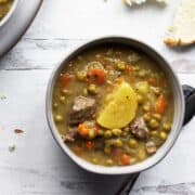 Beef stew in a bowl overhead shot.
