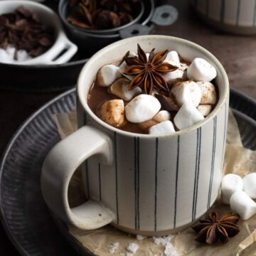 Hot chocolate in a mug with marshmallows.