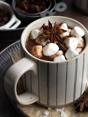Hot chocolate in a mug with marshmallows.