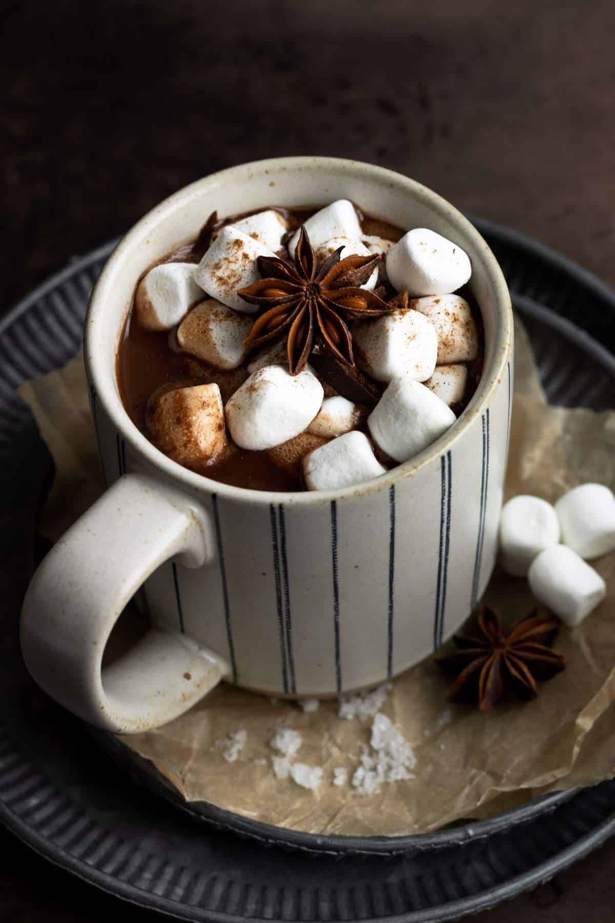 Hot chocolate in a mug on a serving tray.
