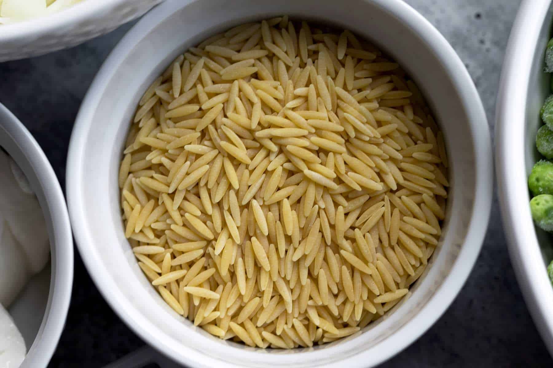 Orzo pasta in a bowl overhead shot.