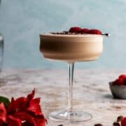 Raspberry chocolate martini in a cocktail glass.