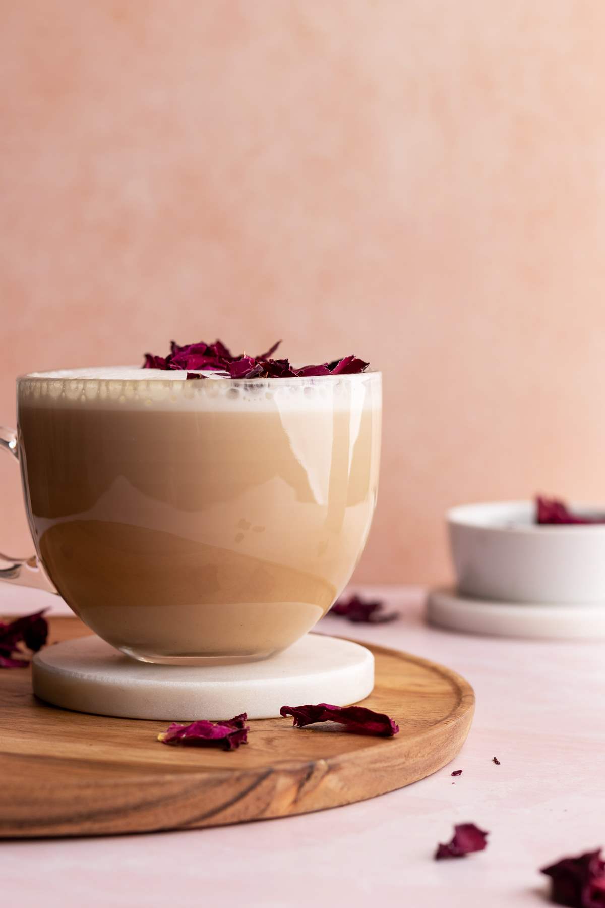 Rose chai latte in a mug head-on shot.