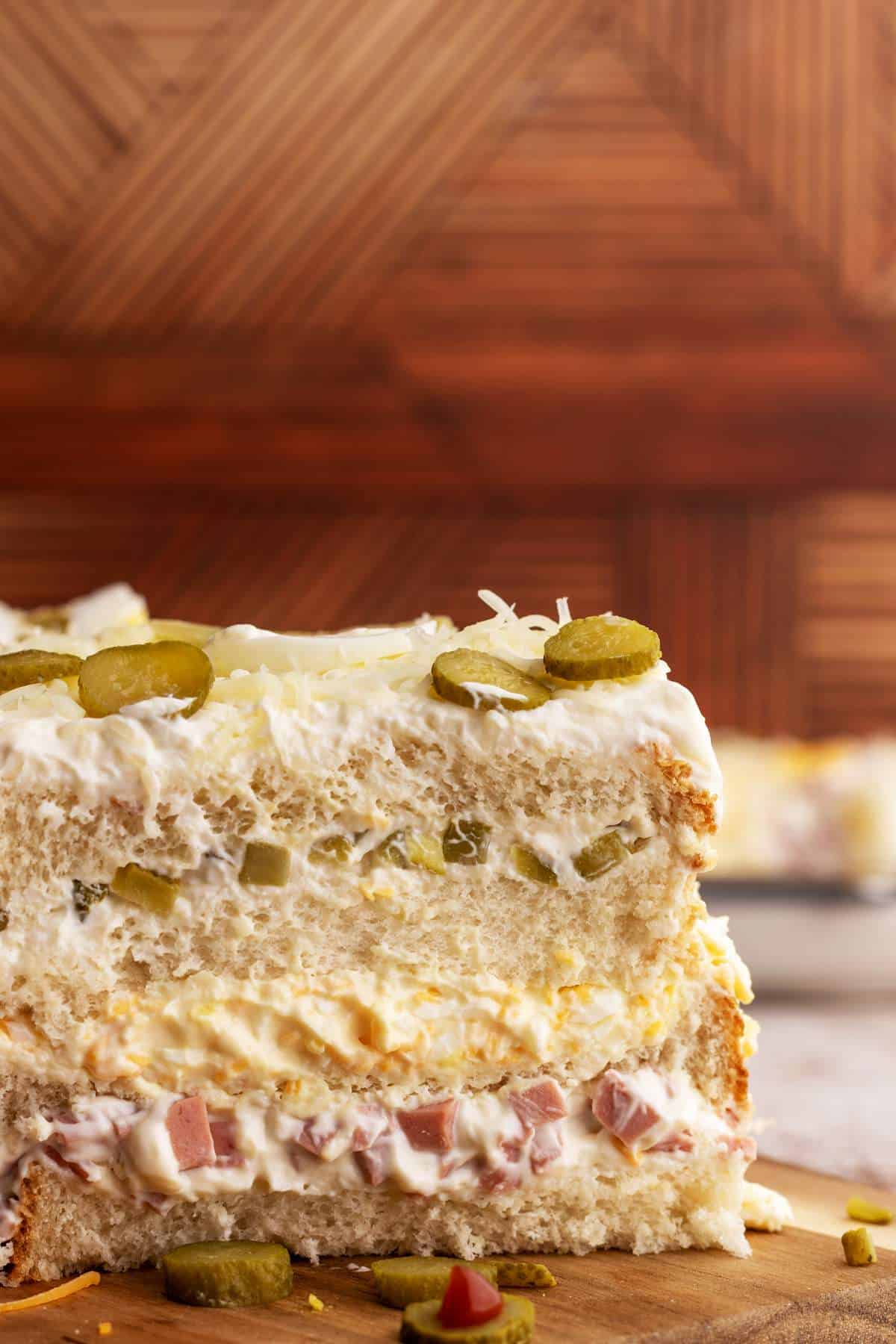 Savory sandwich cake close-up shot.