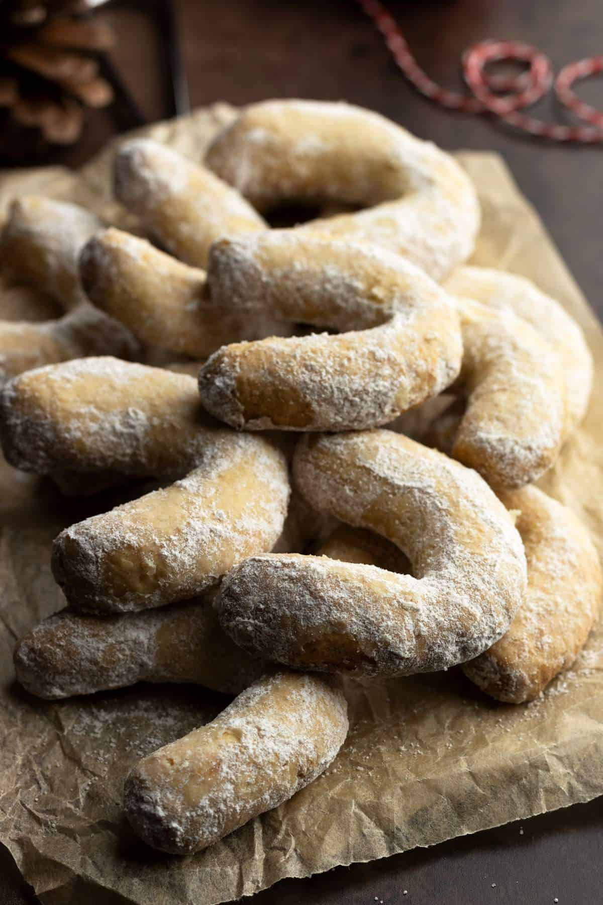 Vanilla crescent cookies close-up shot.