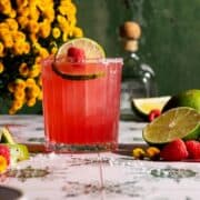 Zesty raspberry margarita on the rocks.