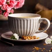 Homemade caramel milk in a ceramic mug.