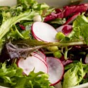 Mixed greens salad with radishes.