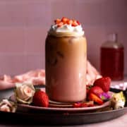 Strawberry latte in a glass.