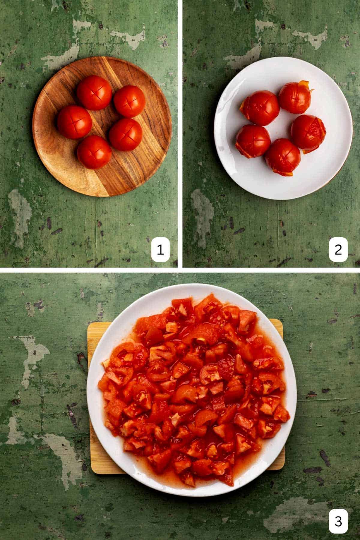 Boiled, peeled, and cut tomatoes on a white plate.
