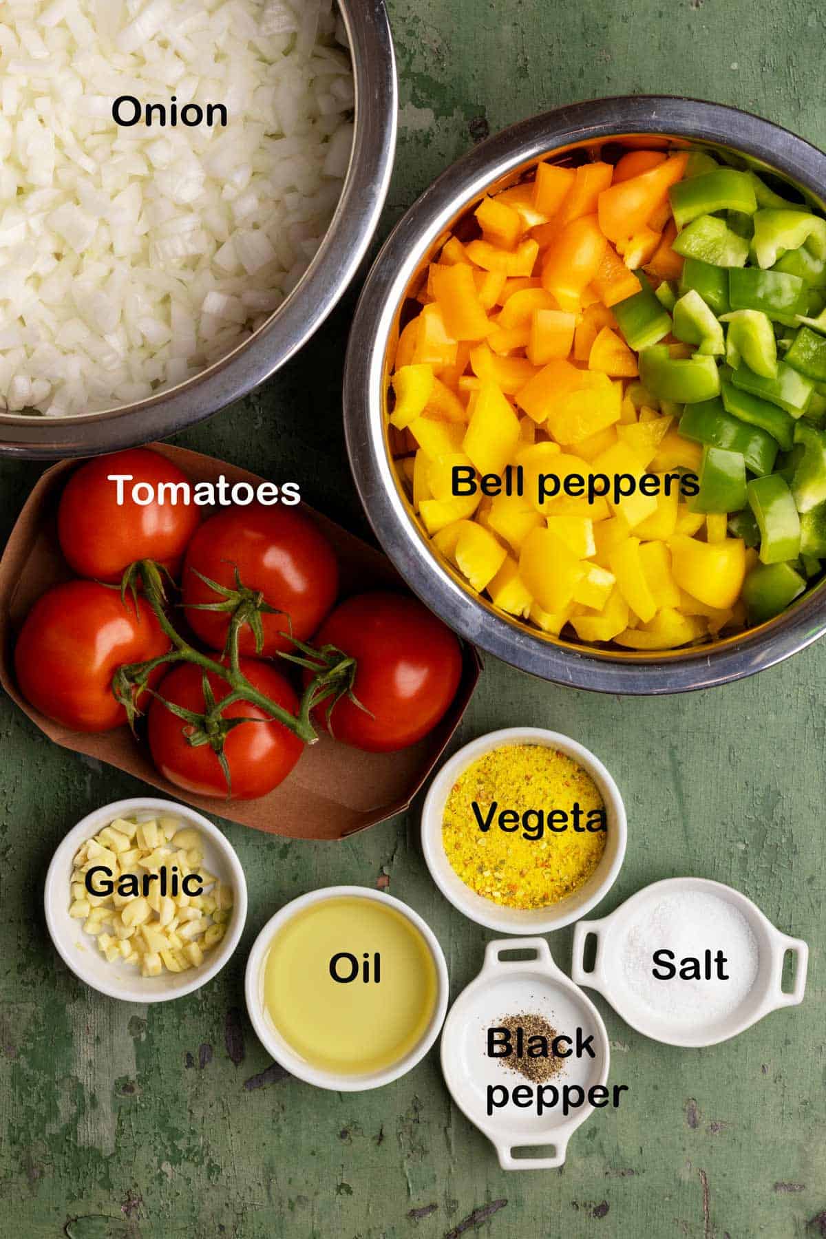 Sataraš ingredients in individual bowls.